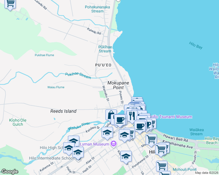 map of restaurants, bars, coffee shops, grocery stores, and more near 323 Kauila Street in Hilo