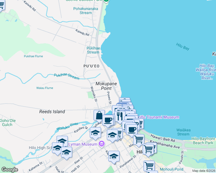 map of restaurants, bars, coffee shops, grocery stores, and more near 152 Puueo Street in Hilo