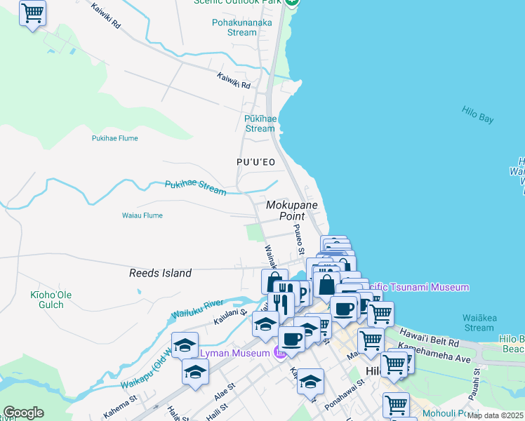 map of restaurants, bars, coffee shops, grocery stores, and more near 222 Wainaku Street in Hilo