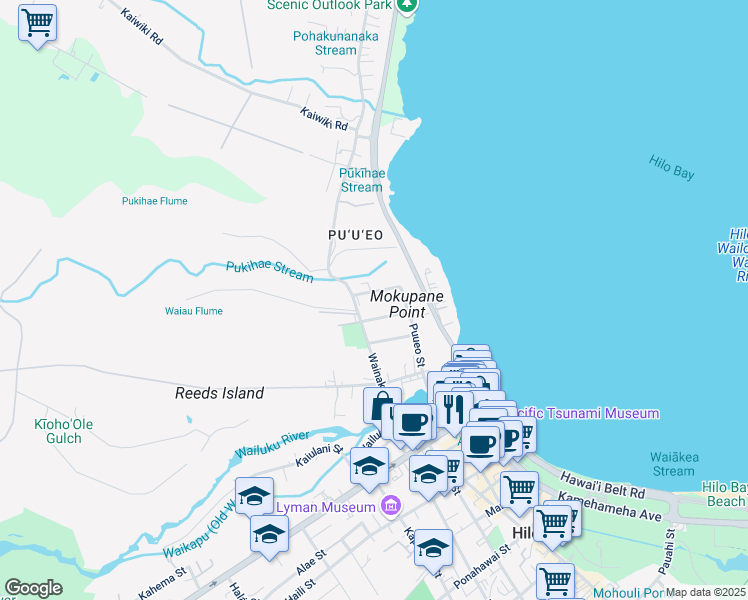 map of restaurants, bars, coffee shops, grocery stores, and more near 323 Kauila Street in Hilo