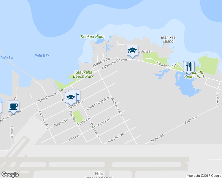 map of restaurants, bars, coffee shops, grocery stores, and more near 432 Desha Avenue in Hilo