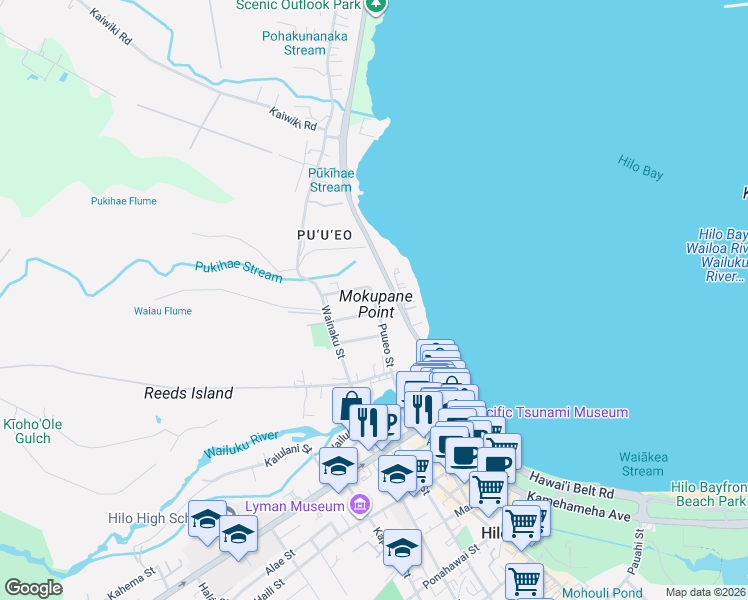 map of restaurants, bars, coffee shops, grocery stores, and more near 152 Puueo Street in Hilo