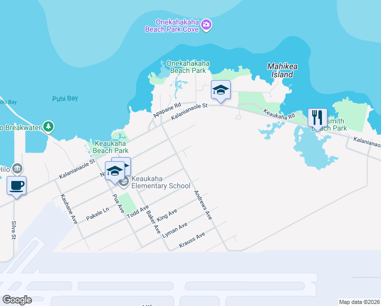 map of restaurants, bars, coffee shops, grocery stores, and more near 432 Desha Avenue in Hilo
