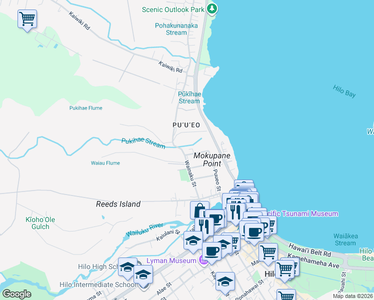map of restaurants, bars, coffee shops, grocery stores, and more near 227 Kauila Street in Hilo