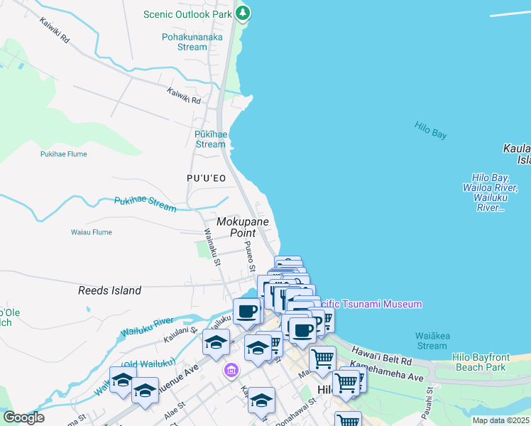 map of restaurants, bars, coffee shops, grocery stores, and more near 84 Pukihae Street in Hilo