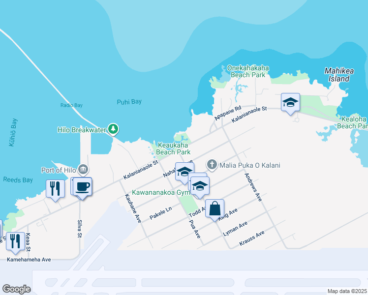 map of restaurants, bars, coffee shops, grocery stores, and more near 1202 Kalanianaole Street in Hilo