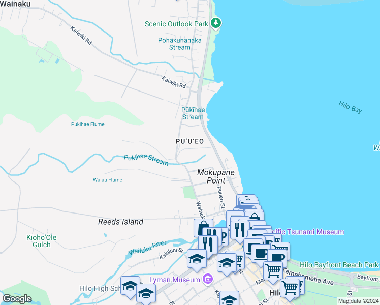 map of restaurants, bars, coffee shops, grocery stores, and more near 52 Halaulani Place in Hilo