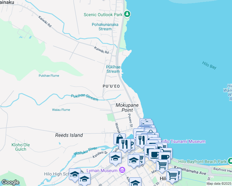 map of restaurants, bars, coffee shops, grocery stores, and more near 72 Halaulani Place in Hilo