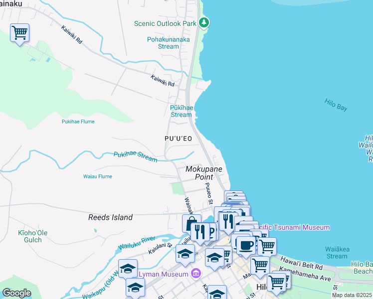 map of restaurants, bars, coffee shops, grocery stores, and more near 72 Halaulani Place in Hilo