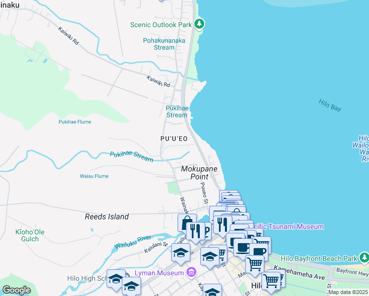 map of restaurants, bars, coffee shops, grocery stores, and more near 82 Halaulani Place in Hilo