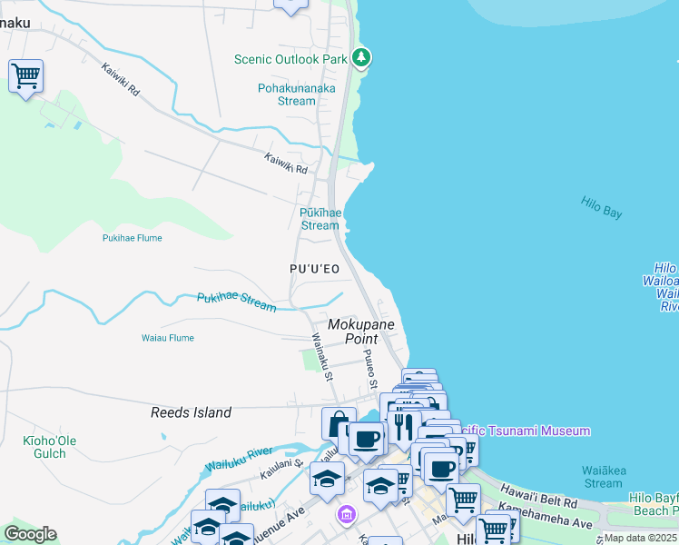map of restaurants, bars, coffee shops, grocery stores, and more near 91 Halaulani Place in Hilo