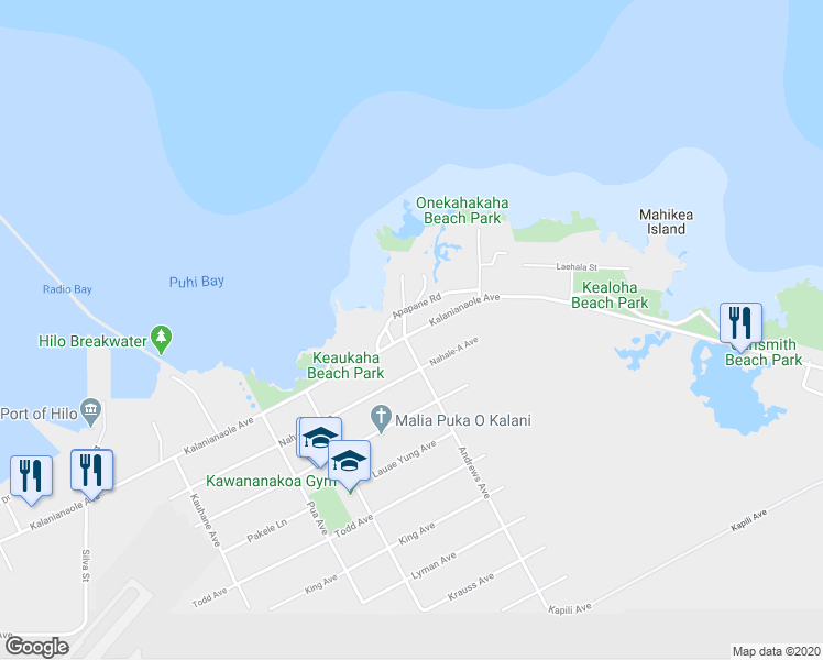 map of restaurants, bars, coffee shops, grocery stores, and more near 1315 Kalanianaole Avenue in Hilo