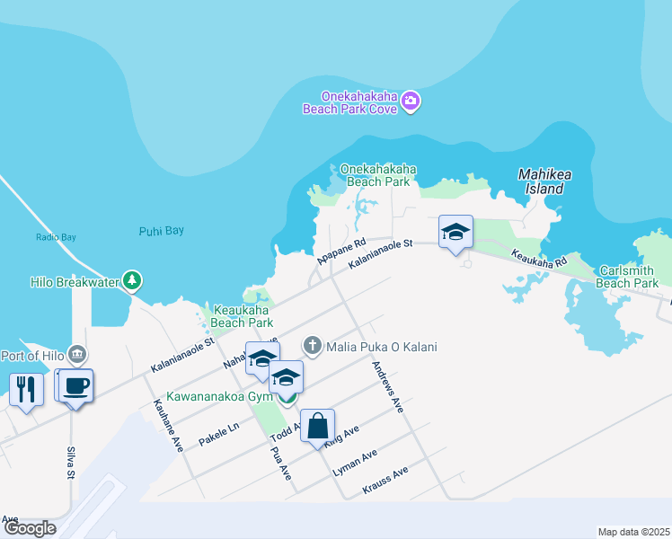 map of restaurants, bars, coffee shops, grocery stores, and more near 1303 Kalanianaole Avenue in Hilo