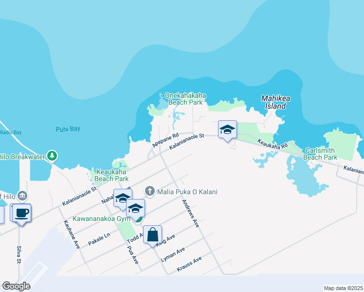 map of restaurants, bars, coffee shops, grocery stores, and more near 1362 Kalanianaole Avenue in Hilo