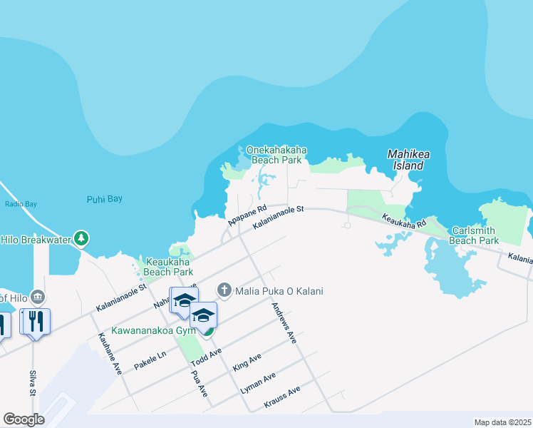 map of restaurants, bars, coffee shops, grocery stores, and more near 1362 Kalanianaole Avenue in Hilo