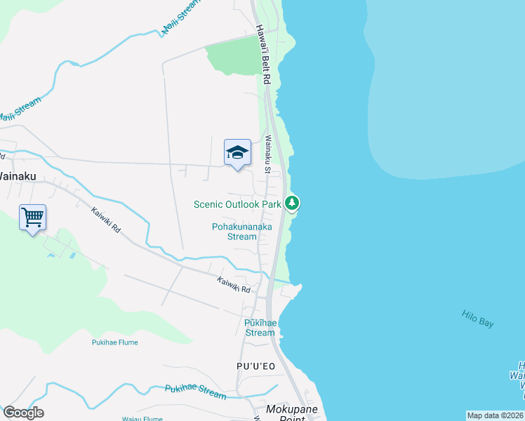 map of restaurants, bars, coffee shops, grocery stores, and more near 18 Akamai Loop in Hilo
