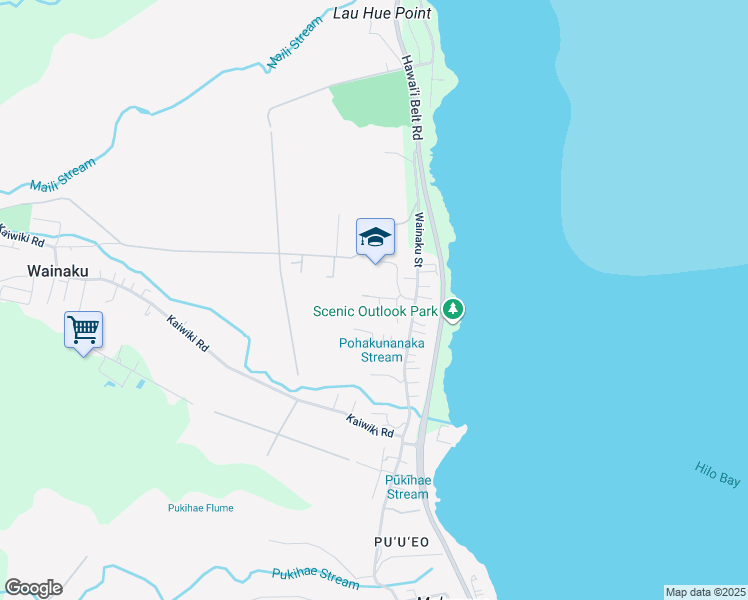 map of restaurants, bars, coffee shops, grocery stores, and more near 45 Kula Place in Hilo