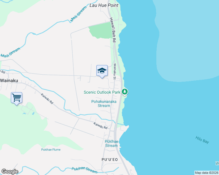 map of restaurants, bars, coffee shops, grocery stores, and more near 0 Kula Place in Hilo