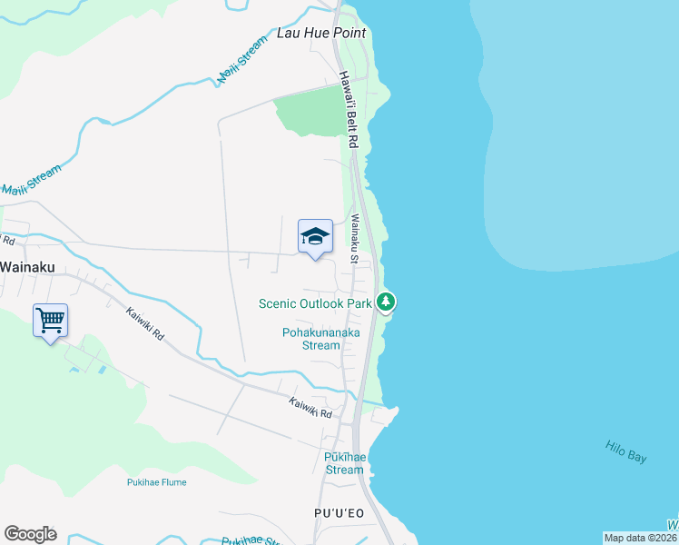 map of restaurants, bars, coffee shops, grocery stores, and more near 20 Ikawa Place in Hilo