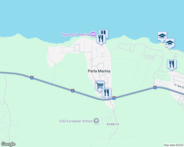 map of restaurants, bars, coffee shops, grocery stores, and more near Paseo La Perla in Perla Marina
