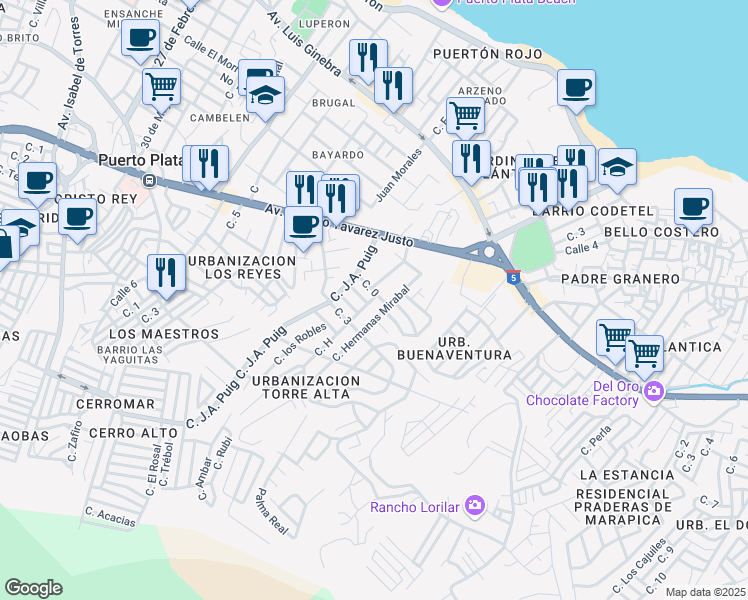 map of restaurants, bars, coffee shops, grocery stores, and more near 21 Calle H in Puerto Plata