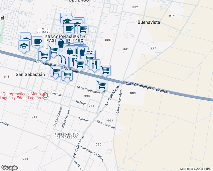 map of restaurants, bars, coffee shops, grocery stores, and more near Juárez in Zumpango de Ocampo