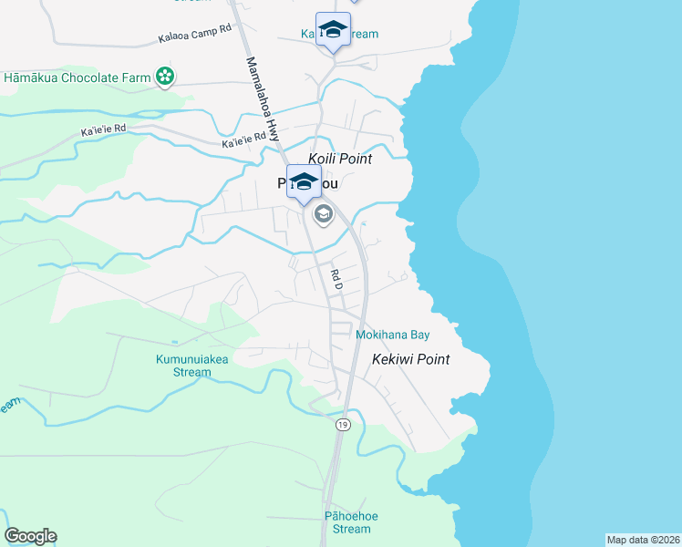 map of restaurants, bars, coffee shops, grocery stores, and more near 607A Iwalani Street in Hilo