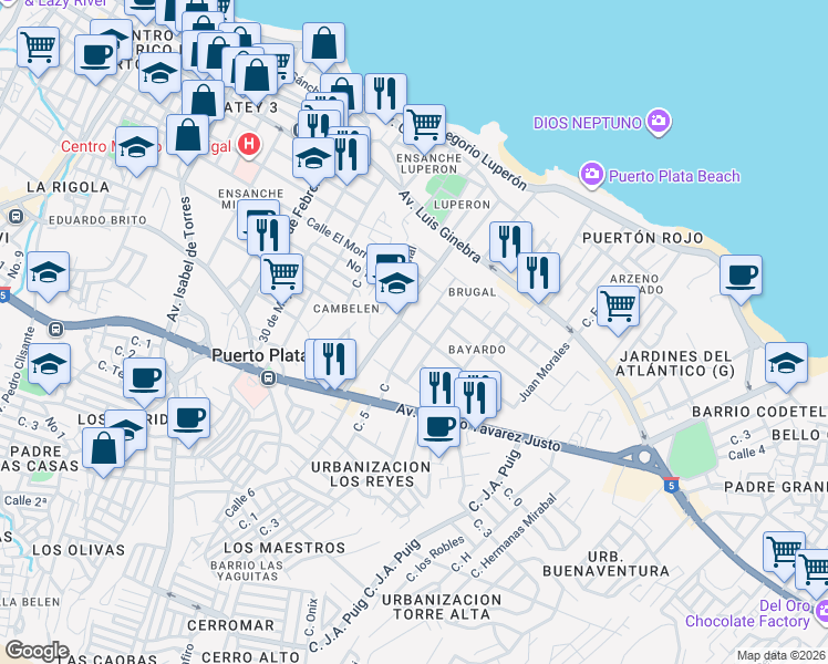 map of restaurants, bars, coffee shops, grocery stores, and more near C in Puerto Plata