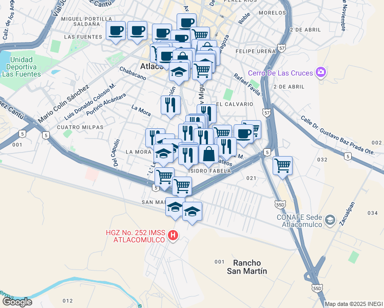 map of restaurants, bars, coffee shops, grocery stores, and more near 21 Ingeniero Luis Galindo Ruiz in Atlacomulco
