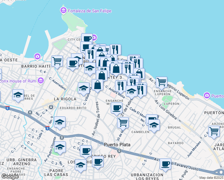 map of restaurants, bars, coffee shops, grocery stores, and more near Calle Antera Mota in Puerto Plata