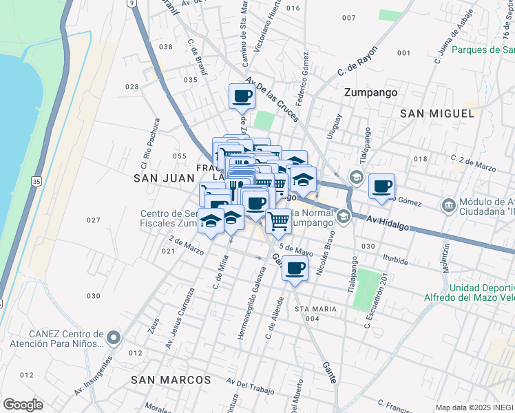 map of restaurants, bars, coffee shops, grocery stores, and more near Juárez in Zumpango de Ocampo