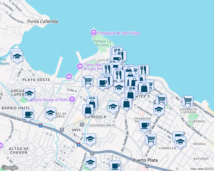 map of restaurants, bars, coffee shops, grocery stores, and more near Calle José del Carmen Ariza in Puerto Plata