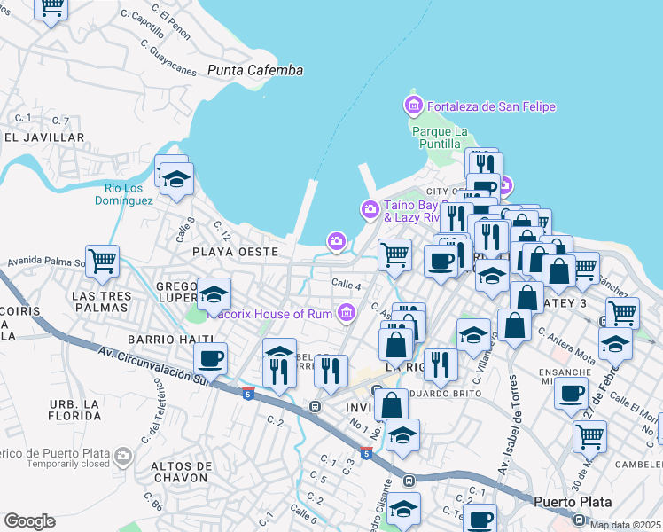 map of restaurants, bars, coffee shops, grocery stores, and more near Antigua via ferrea in Puerto Plata