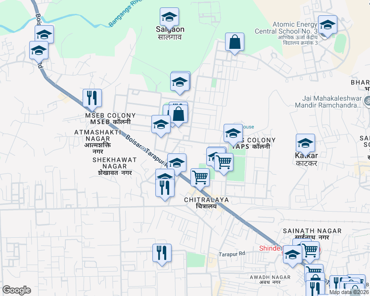 map of restaurants, bars, coffee shops, grocery stores, and more near Boisar Tarapur Road in Boisar