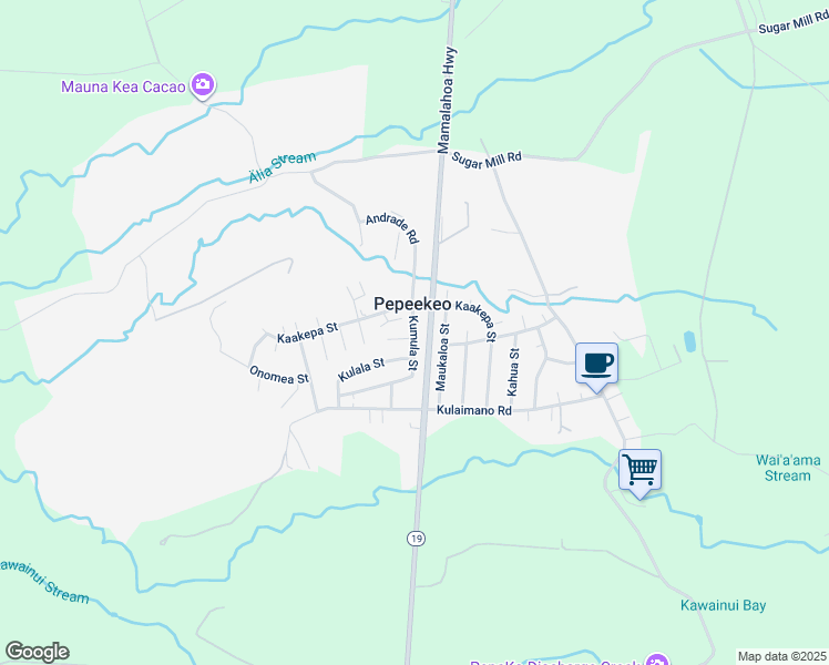 map of restaurants, bars, coffee shops, grocery stores, and more near Kumula Street in Pepeekeo