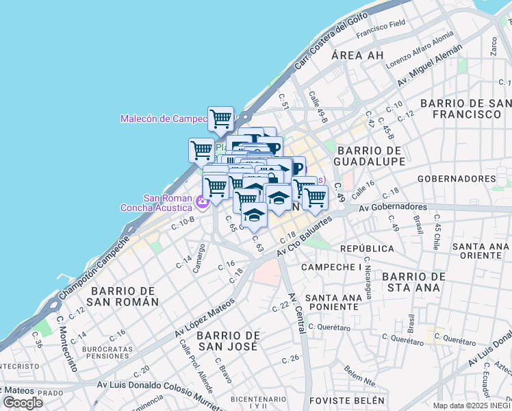 map of restaurants, bars, coffee shops, grocery stores, and more near Calle 61 in San Francisco de Campeche