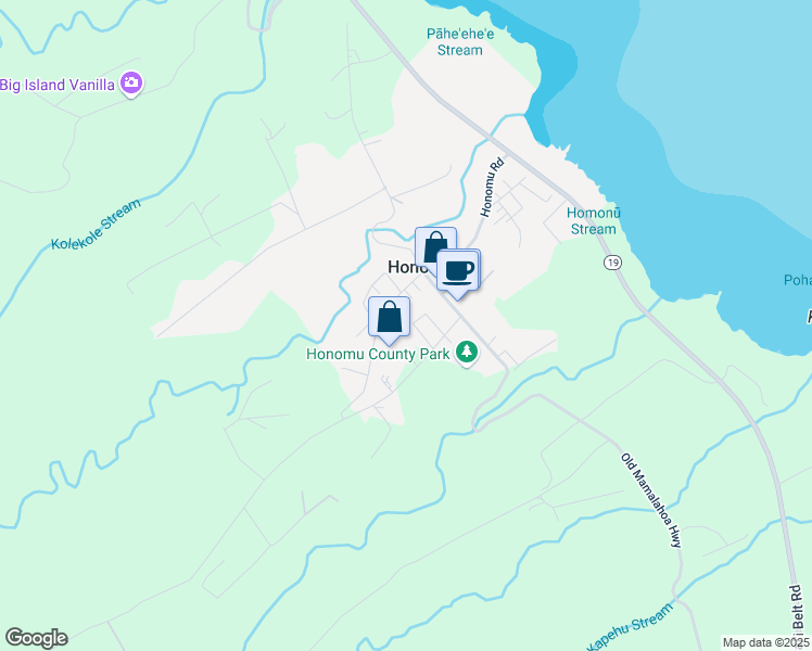 map of restaurants, bars, coffee shops, grocery stores, and more near 28-243 Kalani Loop Road in Honomu