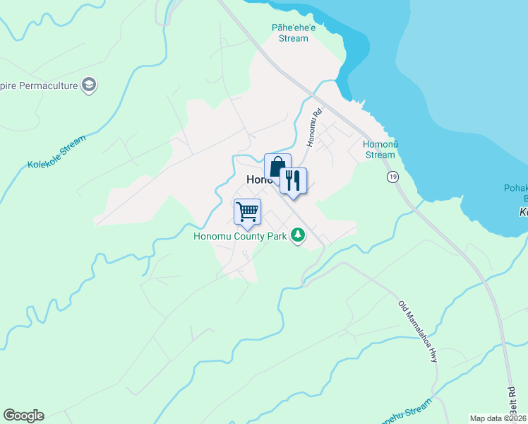 map of restaurants, bars, coffee shops, grocery stores, and more near 28-243 Kalani Loop Road in Honomu
