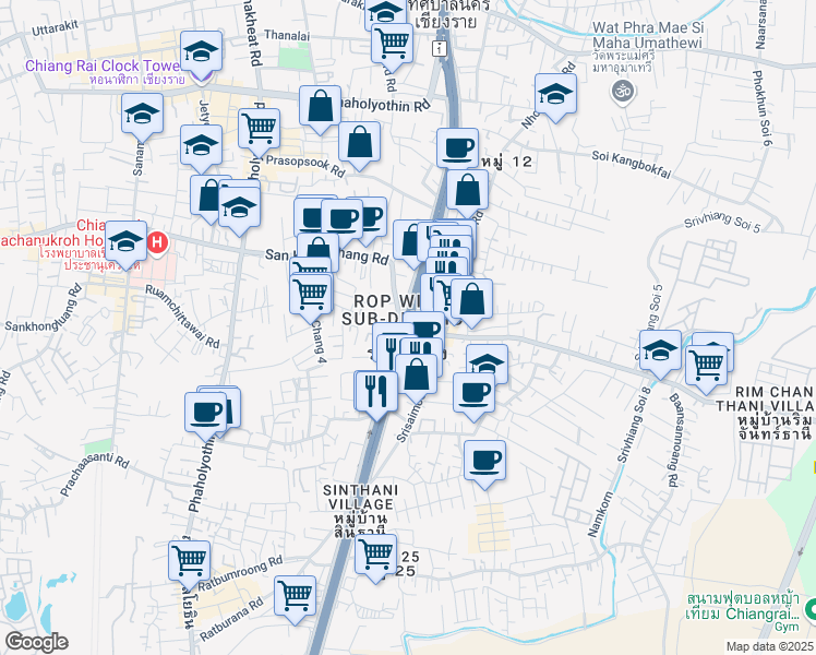 map of restaurants, bars, coffee shops, grocery stores, and more near in Mueang Chiang Rai District