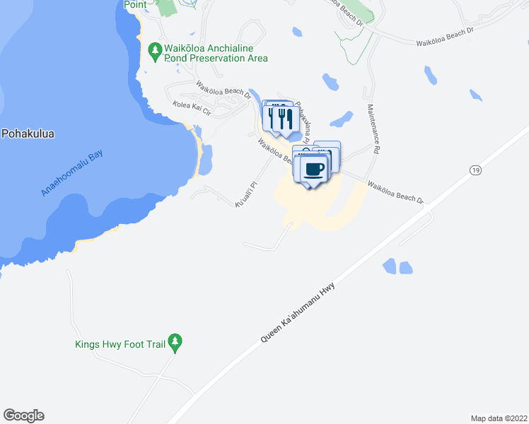 map of restaurants, bars, coffee shops, grocery stores, and more near Kings Highway Foot Trail in Waikoloa Village