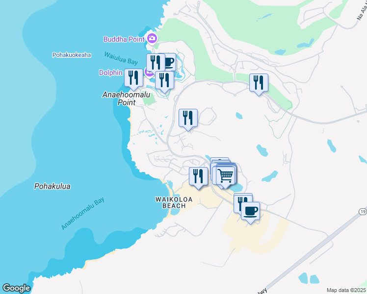 map of restaurants, bars, coffee shops, grocery stores, and more near 100 Waikoloa Road in Waikoloa Village