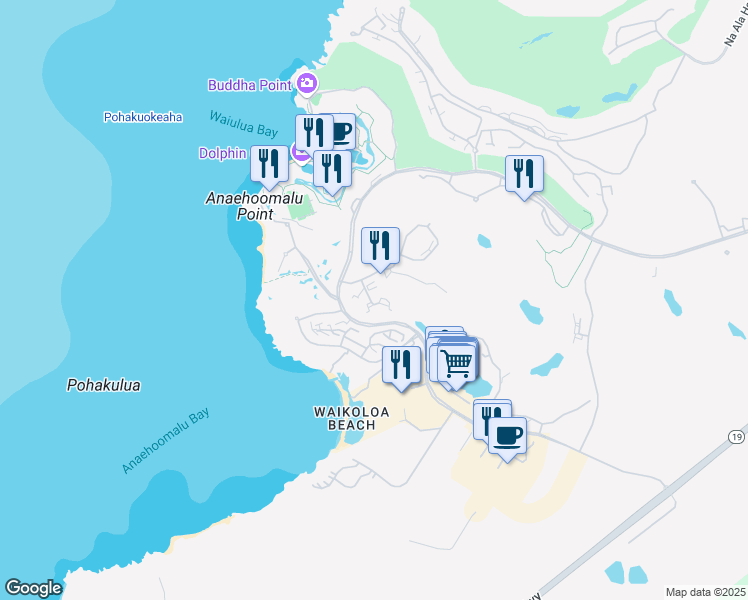 map of restaurants, bars, coffee shops, grocery stores, and more near 100 Waikoloa Road in Waikoloa Beach Resort