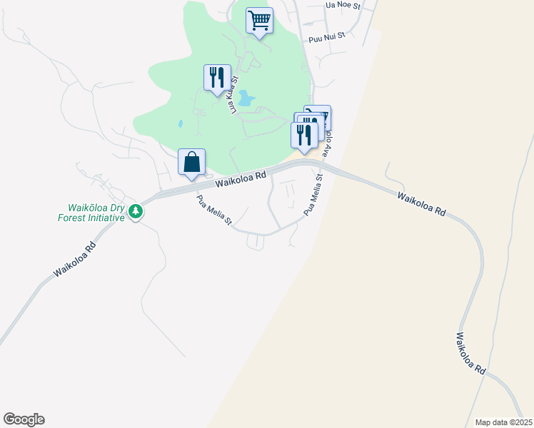 map of restaurants, bars, coffee shops, grocery stores, and more near 68-1850 Pua Melia Street in Waikoloa Village