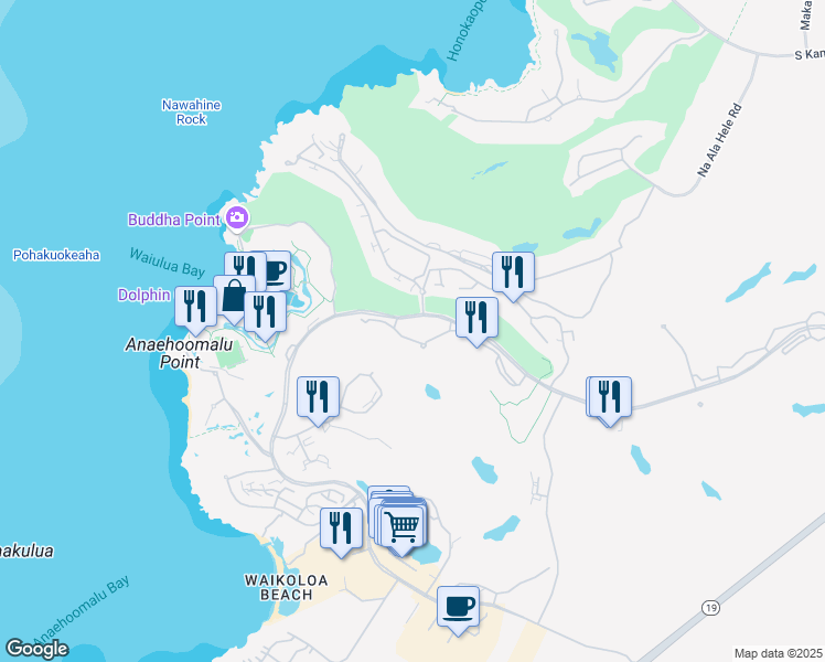 map of restaurants, bars, coffee shops, grocery stores, and more near 69-450 Waikōloa Beach Drive in Waikoloa Village