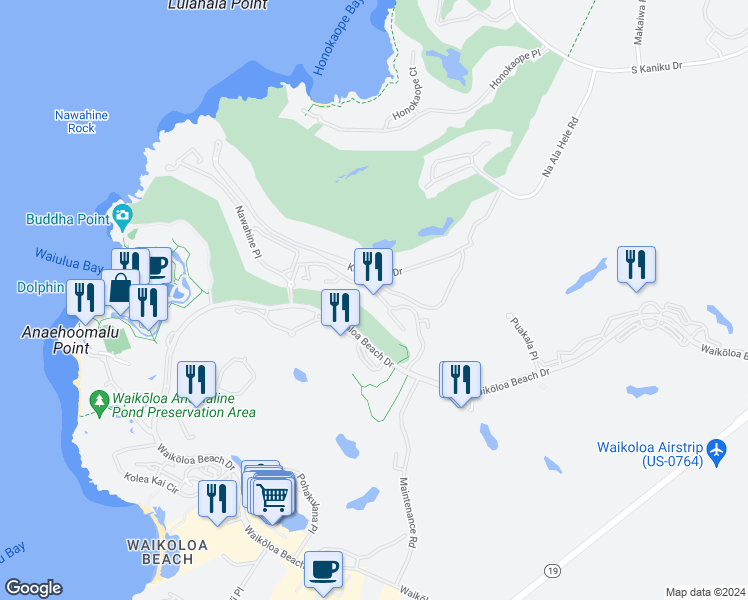 map of restaurants, bars, coffee shops, grocery stores, and more near 69-555 Waikoloa Beach Drive in Waikoloa Village