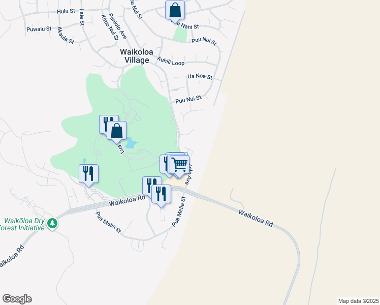 map of restaurants, bars, coffee shops, grocery stores, and more near 68 Paniolo Avenue in Waikoloa Village