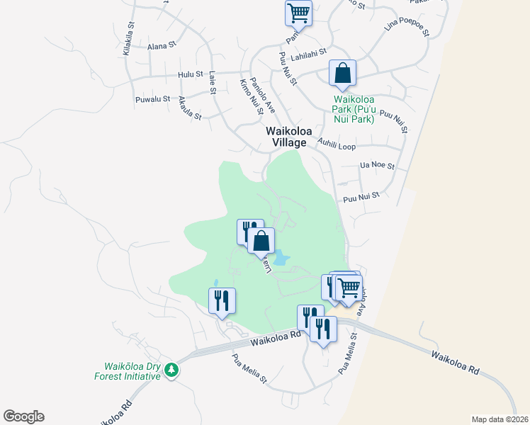 map of restaurants, bars, coffee shops, grocery stores, and more near 68-3818 Lua Kula Street in Waikoloa Village