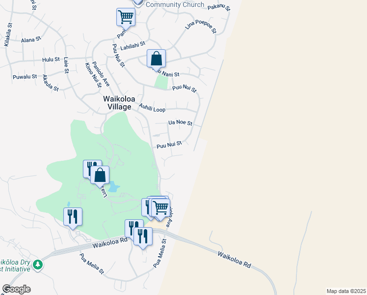 map of restaurants, bars, coffee shops, grocery stores, and more near 68-1943 Puu Nui Street in Waikoloa Village