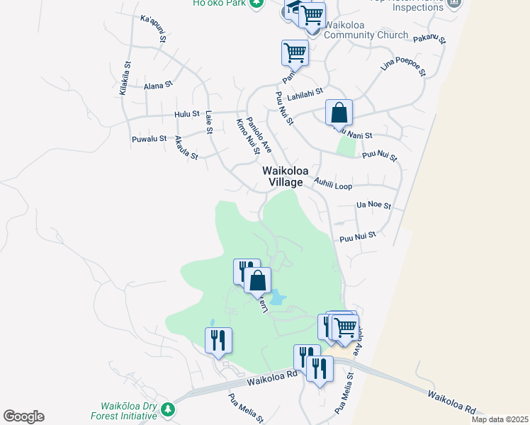 map of restaurants, bars, coffee shops, grocery stores, and more near 68-1784 Lua Kula Place in Waikoloa Village