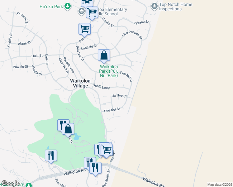map of restaurants, bars, coffee shops, grocery stores, and more near 68-1886 Auhili Loop in Waikoloa Village